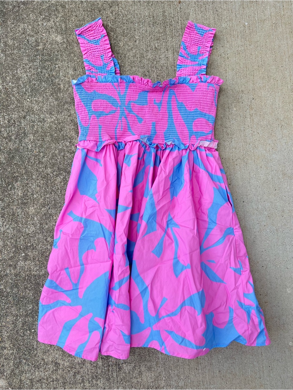 Peach Love Tropical Smocked Ruffle Mini Dress Pink Blue Wide Strap Size Large